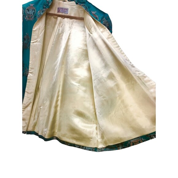 VTG 50's Golden Lotus at Waikiki Satin Embroidered Jacket Pockets Teal Boho Sz L - Picture 4 of 11